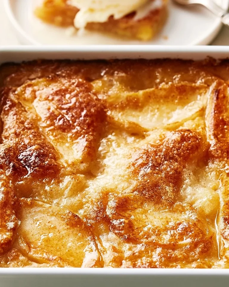 Baking dish of easy apple cobbler topped with a golden crust
