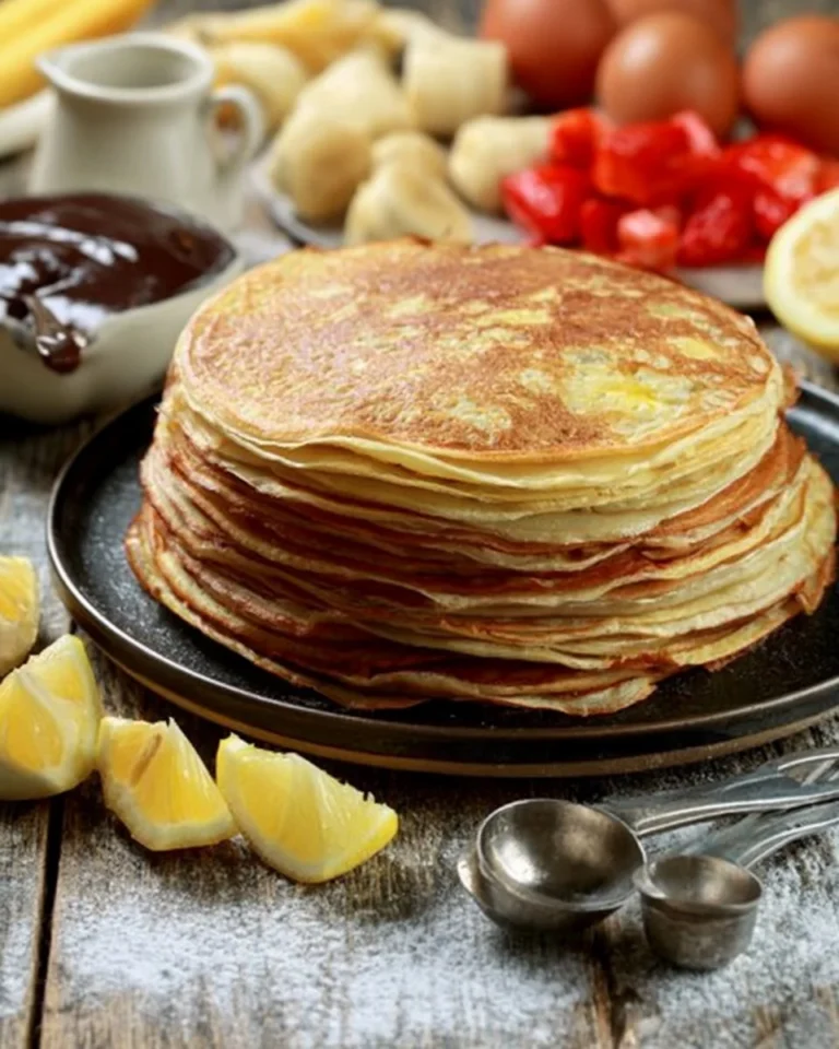 Delicious stack of easy English pancakes served with strawberries and syrup.