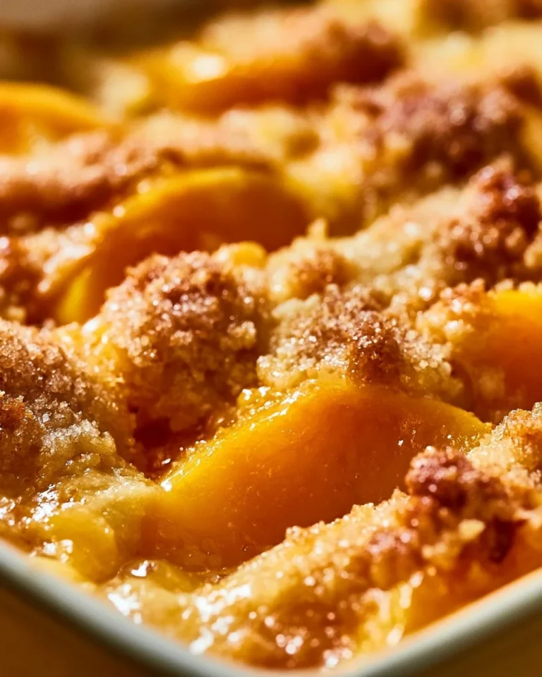 Delicious easy peach cobbler made with canned peaches, served with a scoop of ice cream