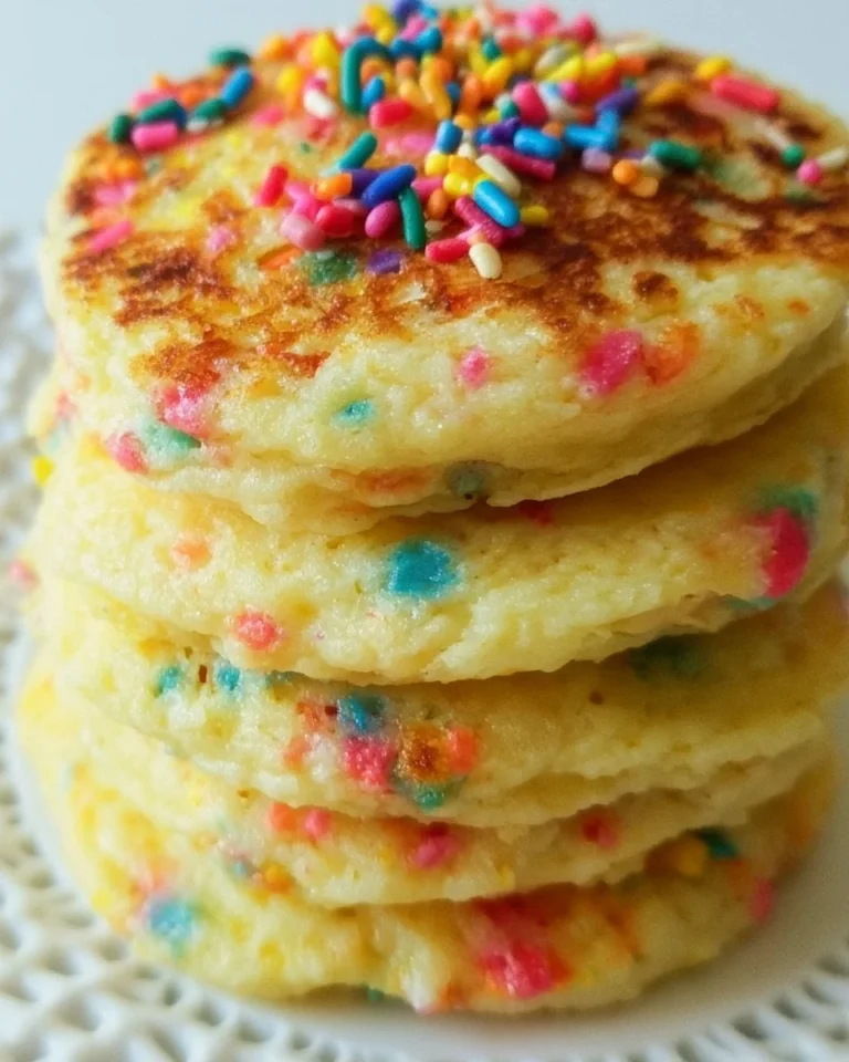 Stack of colorful Funfetti Pancakes with sprinkles on top