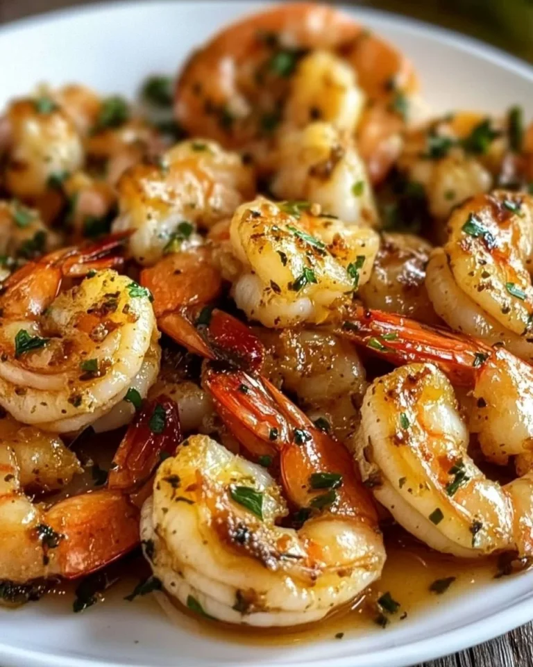 Delicious Garlic Butter Shrimp served in a skillet with herbs and lemon.