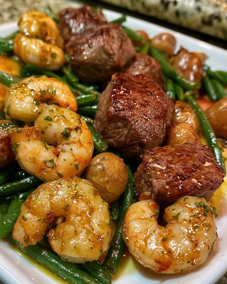 Garlic Butter Steak Bites with shrimp, baby potatoes, and green beans on a plate