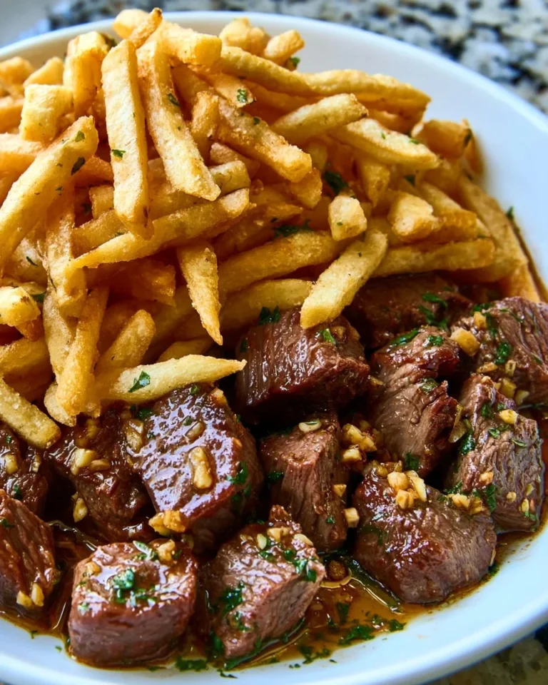 Delicious garlic butter steak bites served with crispy fries
