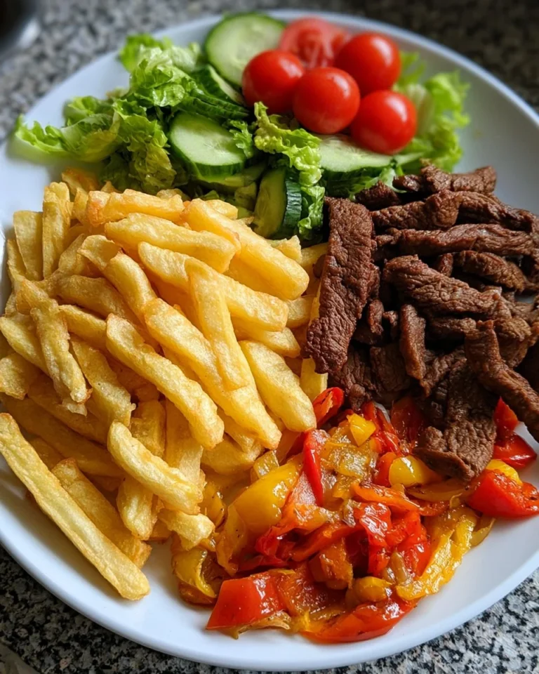 Garlic Pepper Steak strips served with crispy fries and garden salad