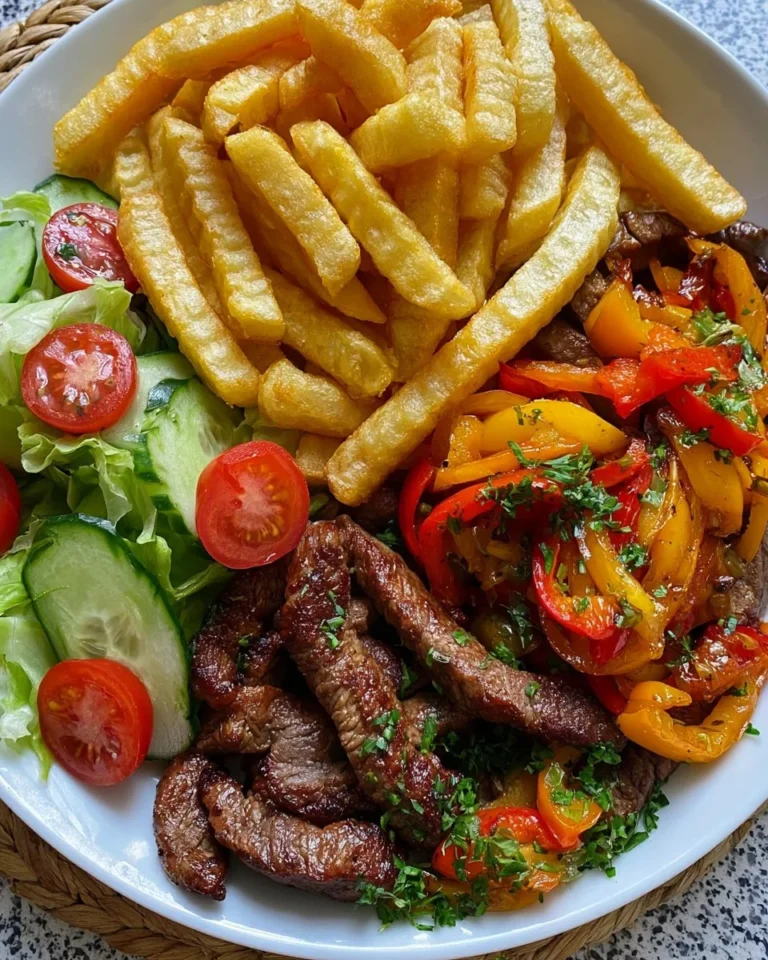Delicious Garlic Steak served with crispy fries on a plate.