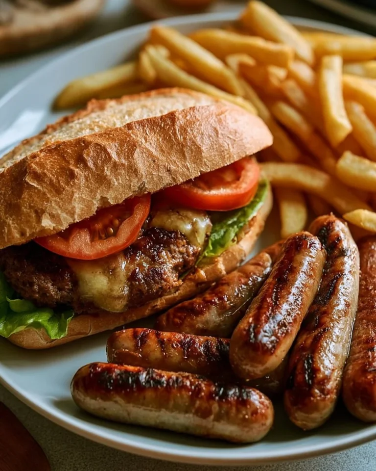 Glazed grilled sausages with cheeseburger baguette and crispy fries