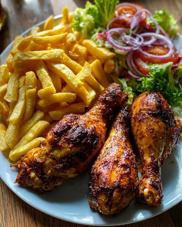 Golden roasted chicken drumstick plate garnished with herbs and vegetables