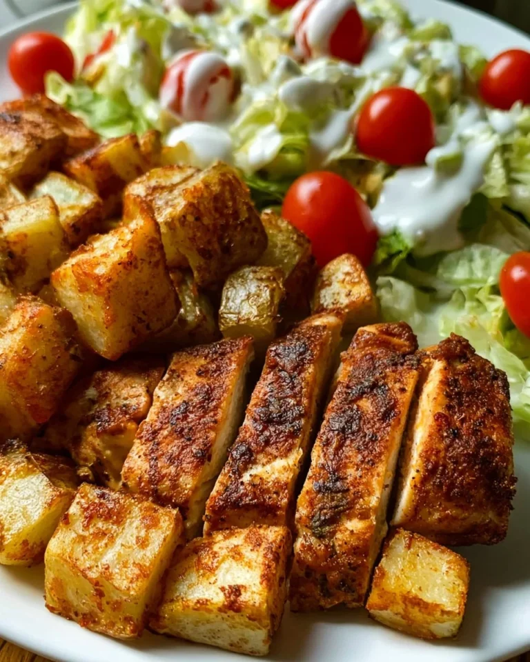 Golden seared chicken plate with crispy potatoes and creamy salad