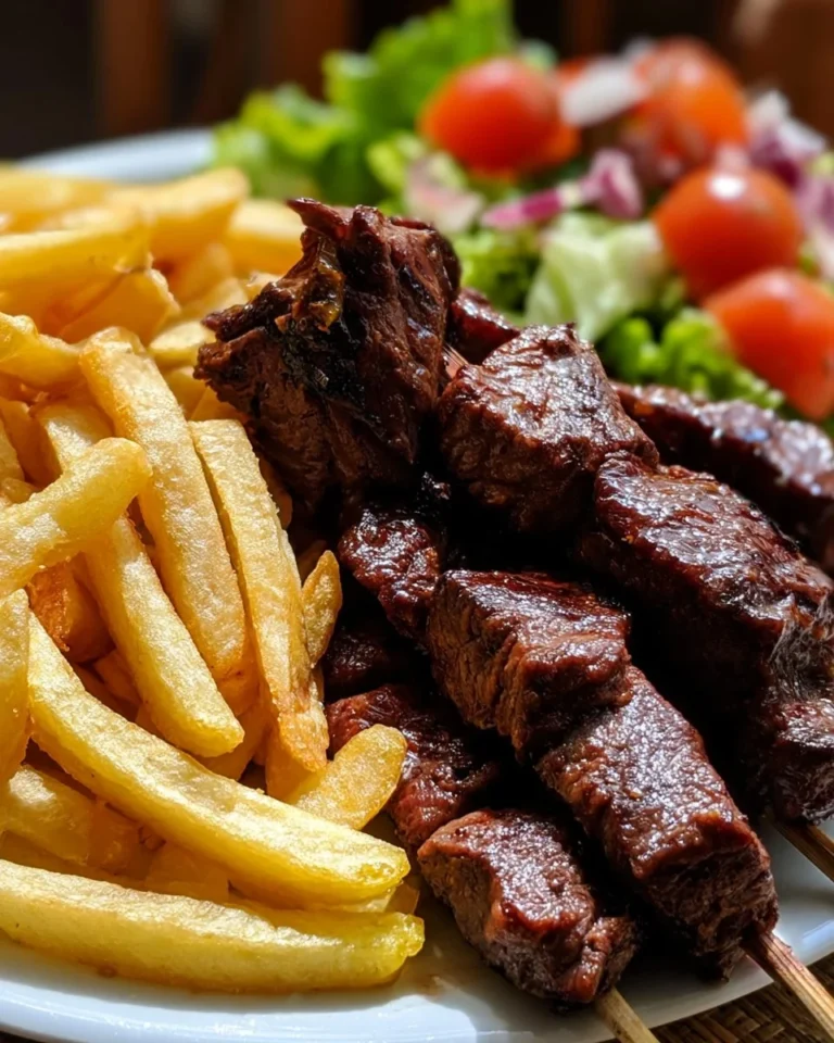 Delicious grilled beef skewers with crispy fries and fresh salad on a plate