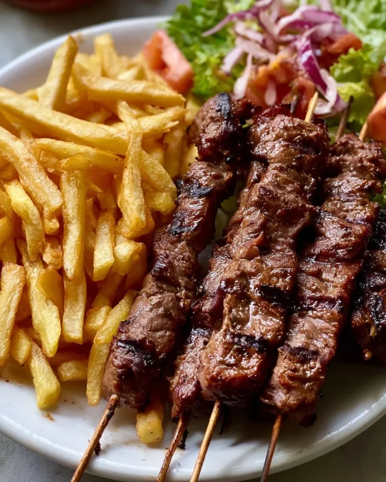 Delicious grilled beef skewers with French fries and fresh salad on a plate