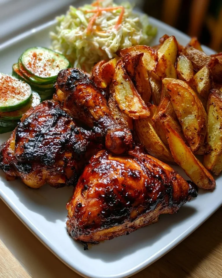 Grilled chicken served on a plate with crispy potatoes