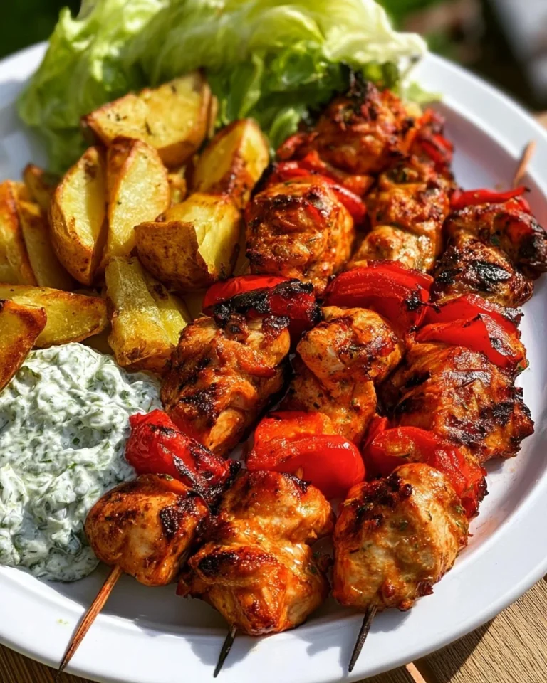 Grilled chicken skewers served with crispy potatoes and creamy dip on a plate