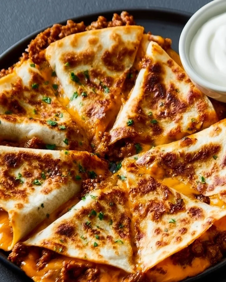 Crispy golden-brown ground beef quesadillas on a plate