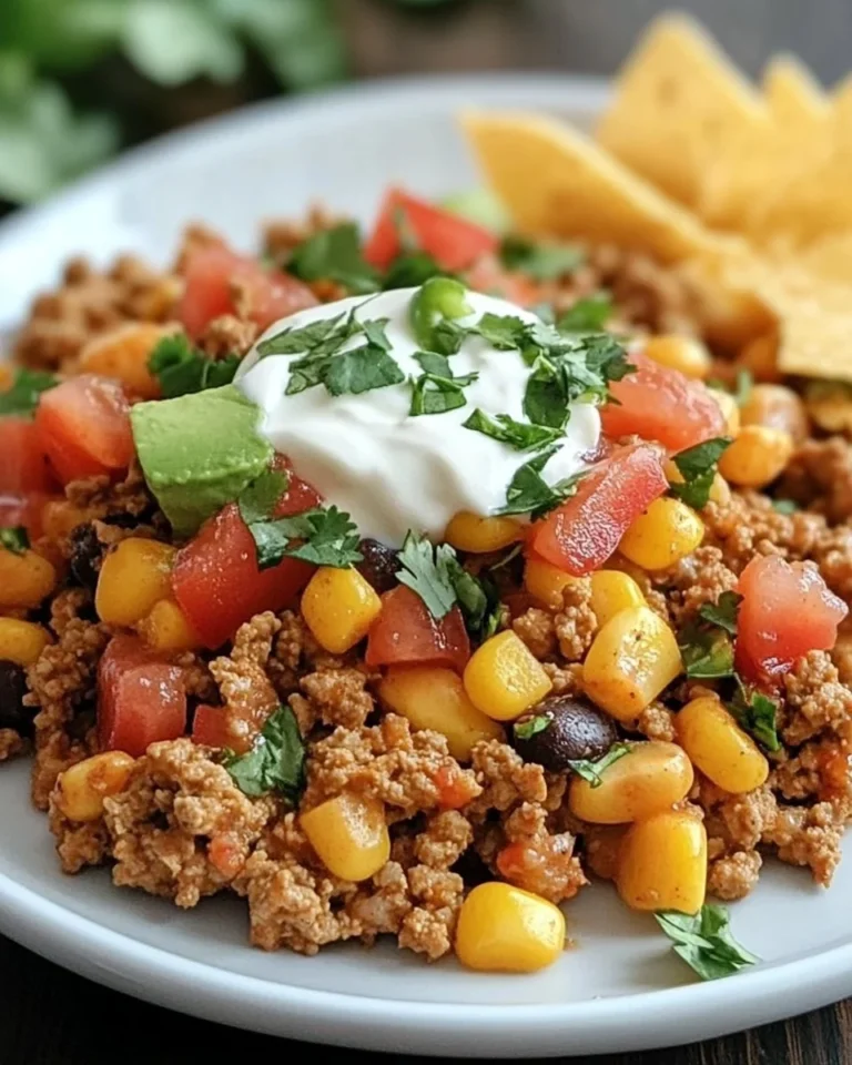 Ground Turkey Taco Skillet with colorful vegetables and spices