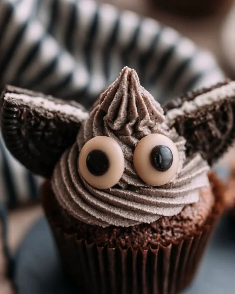 Halloween Bats Oreo Cupcakes topped with cookies and cream frosting