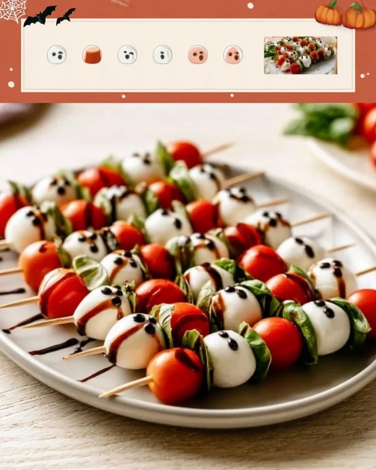 Halloween-themed Caprese appetizer with mozzarella, tomatoes, and basil