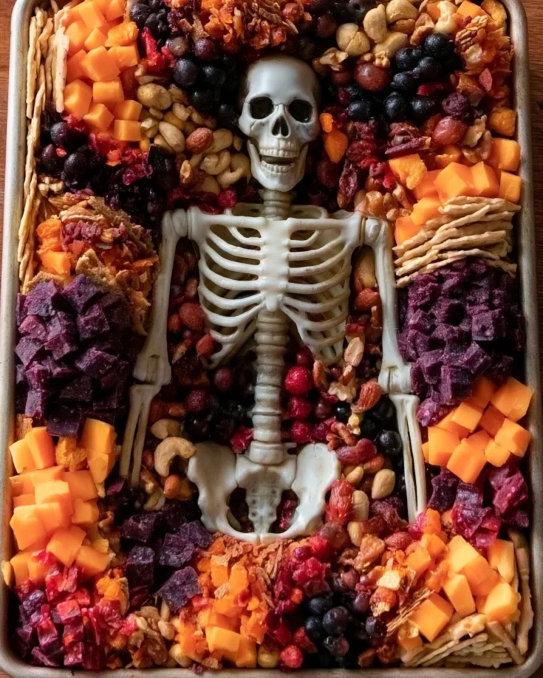 Spooky Halloween charcuterie board filled with festive snacks and treats