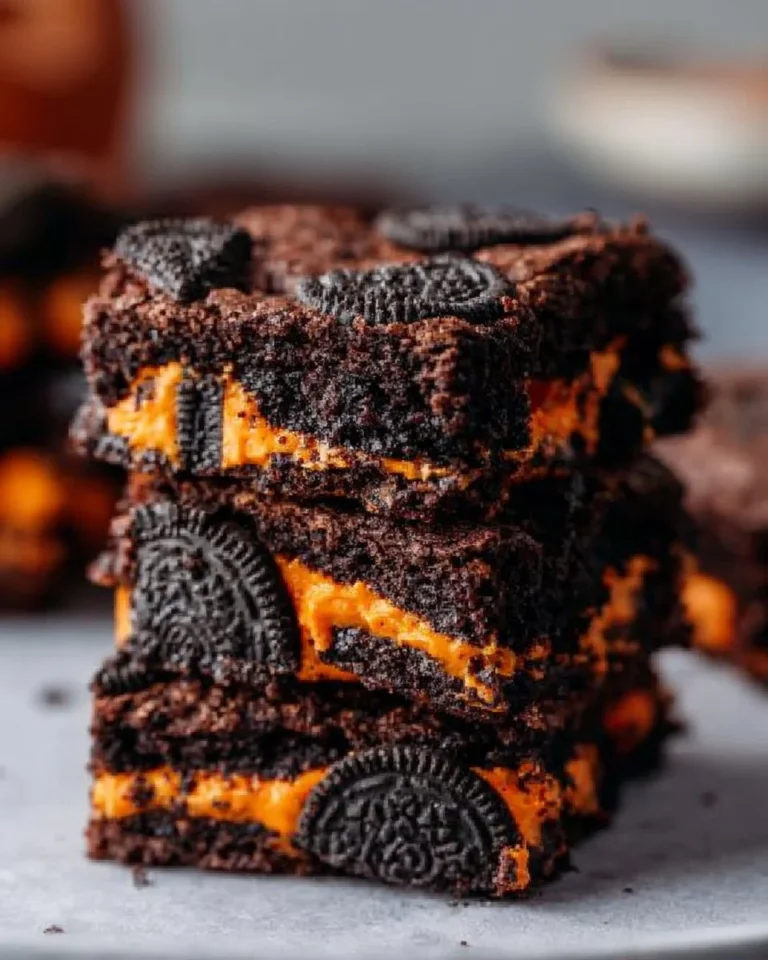 Halloween Oreo Brownies topped with festive decorations and Oreo cookies
