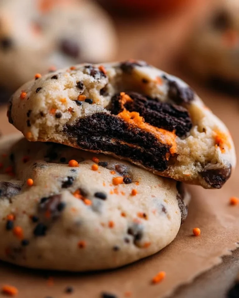 Halloween Oreo stuffed chocolate chip cookies on a festive plate
