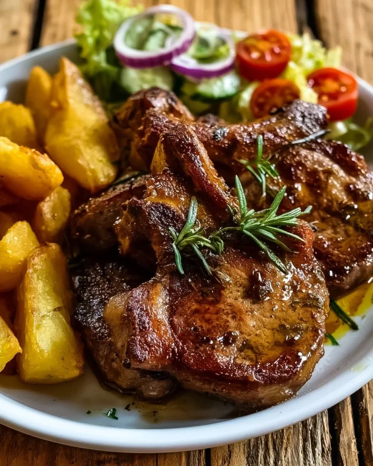 Herb-grilled lamb chops served with golden potato wedges and cucumber salad