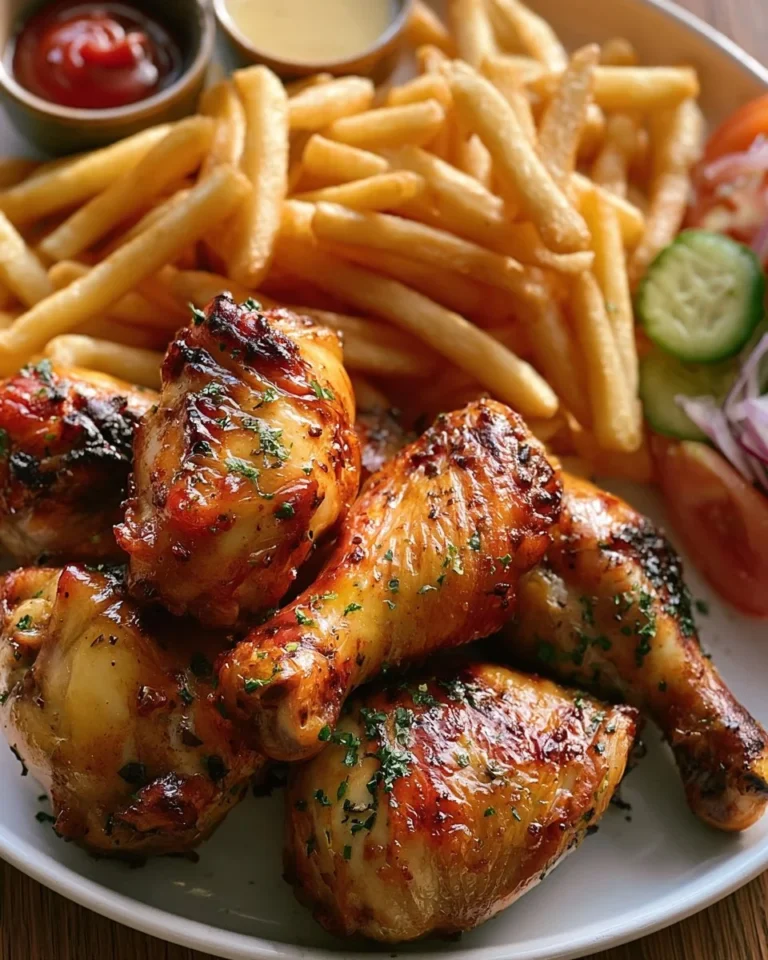 Herb roasted chicken drumsticks served with fries and fresh salad.