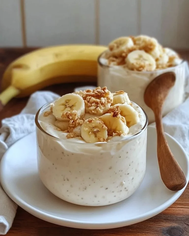 High Protein Banana Cream Pudding dessert in a bowl with banana slices
