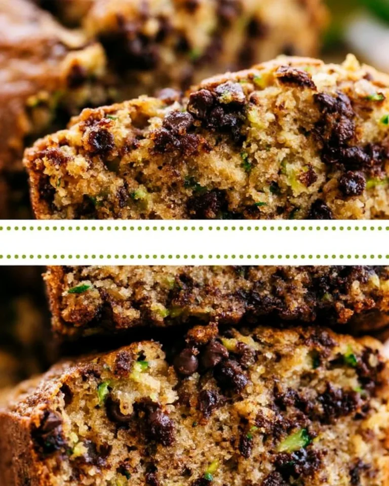 Slices of homemade chocolate chip zucchini bread on a wooden table