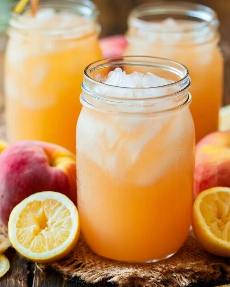 Glass of homemade peach lemonade with fresh peaches and lemons