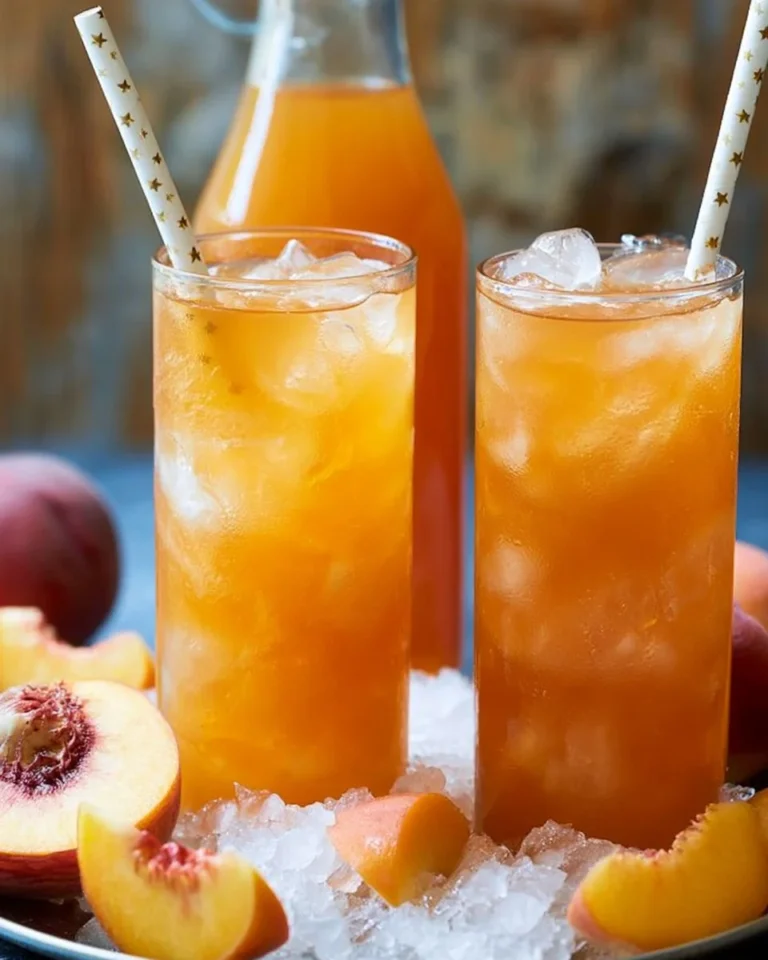 A refreshing glass of homemade peach tea with fresh peaches and ice.