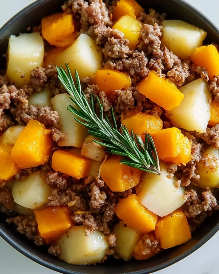 Homemade roasted butternut squash with ground beef on a plate