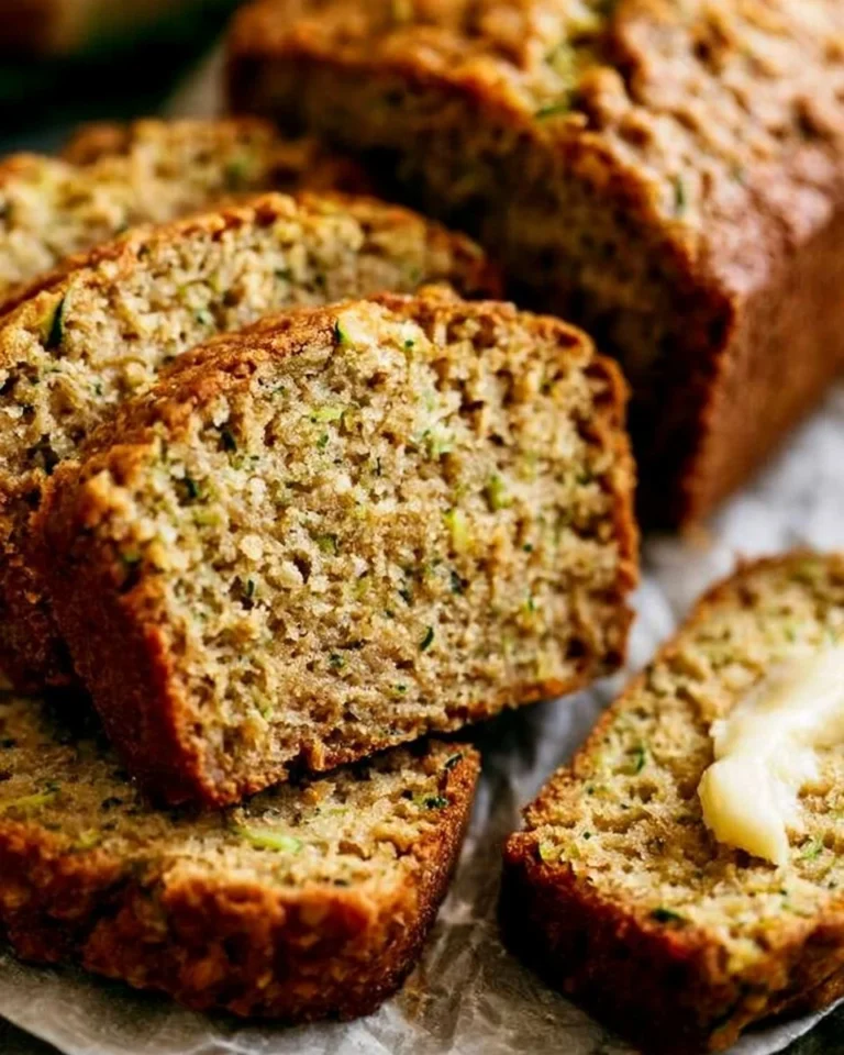 Loaf of homemade zucchini bread with slices cut on a wooden board