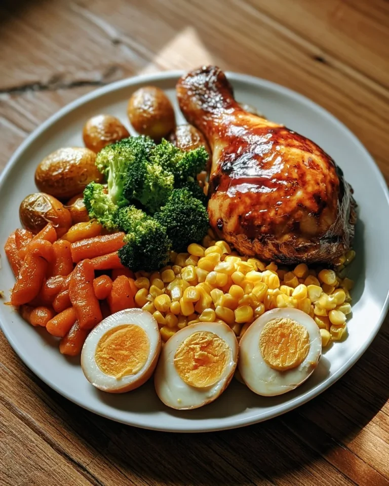 Honey Glazed Chicken Leg Quarter with roasted potatoes, eggs, and mixed veggies.