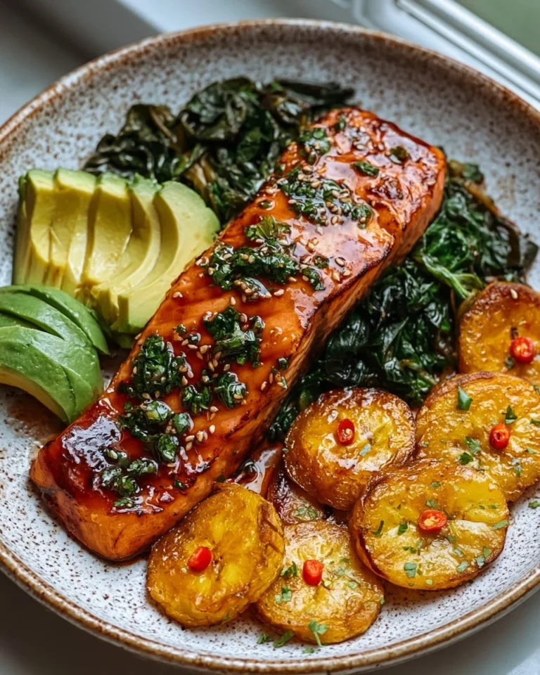 Honey glazed salmon plate with colorful vegetables and garnishes