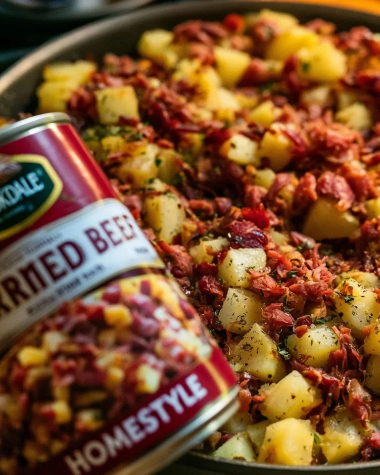 Improved canned corned beef hash served with eggs and herbs on a plate