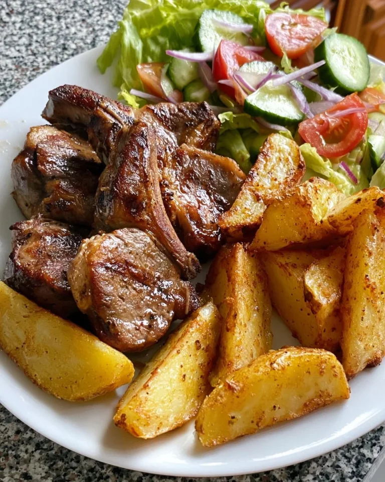 Juicy grilled lamb chops served with crispy wedges and a fresh salad