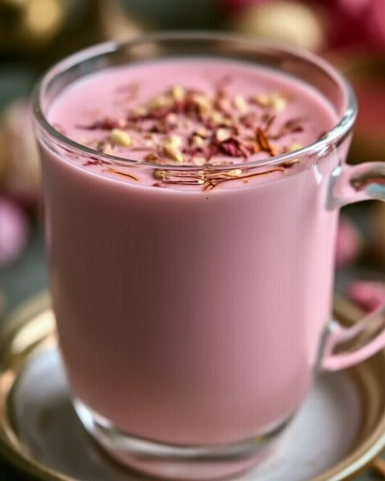 A cup of Kashmiri Pink Tea (Noon Tea) served with traditional snacks.