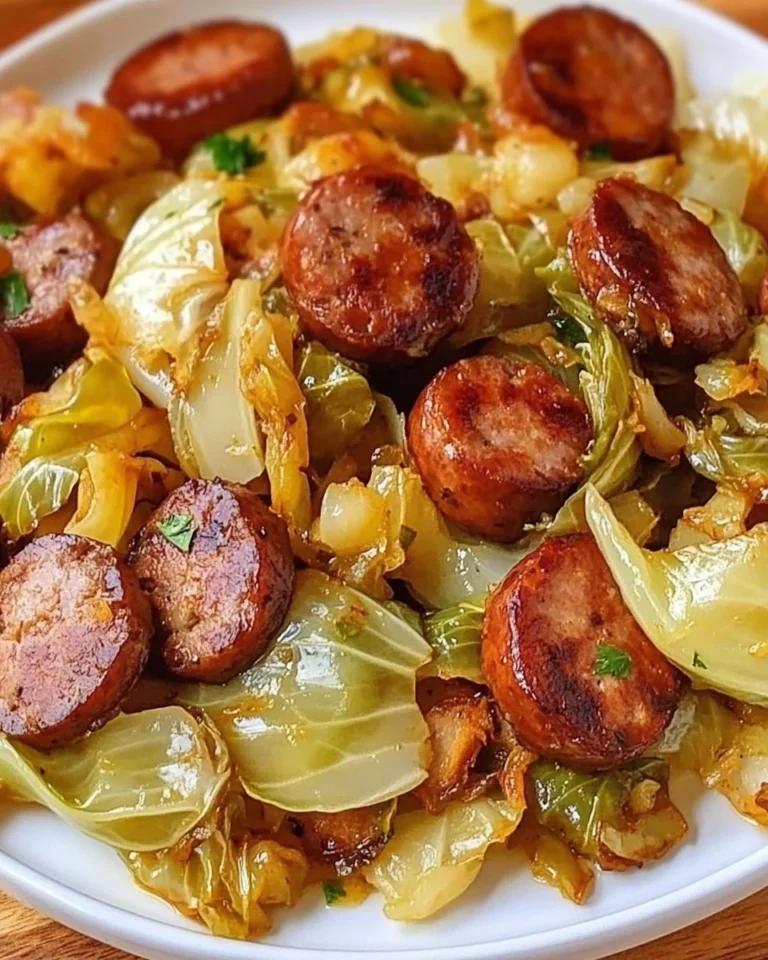 Low carb fried cabbage with sausage served in a skillet