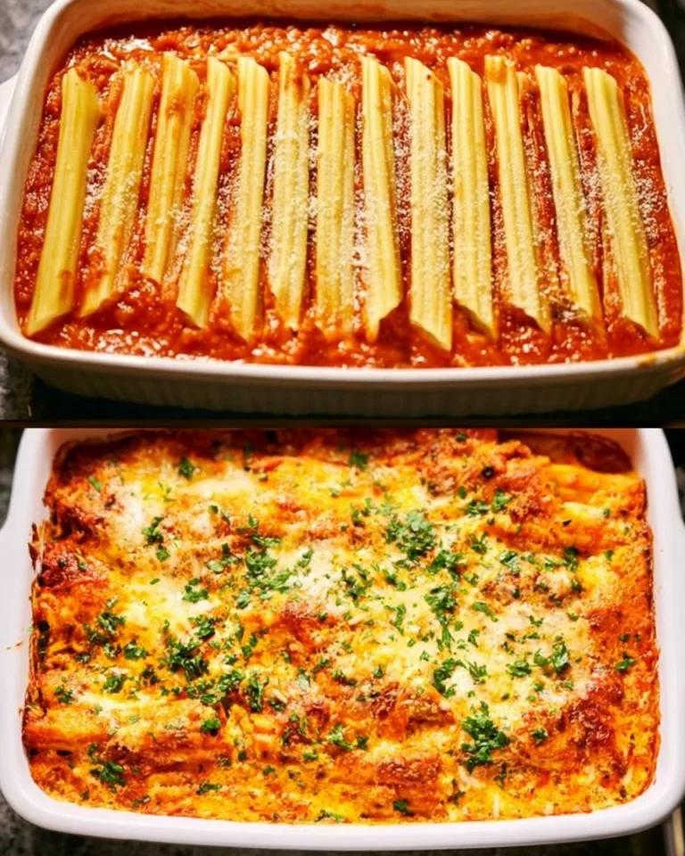 Baked manicotti filled with cheese and topped with marinara sauce on a plate.