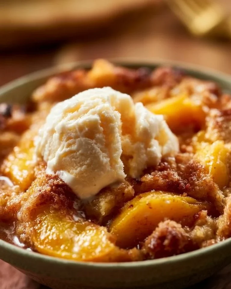 Delicious old fashioned peach cobbler with golden crust and fresh peaches