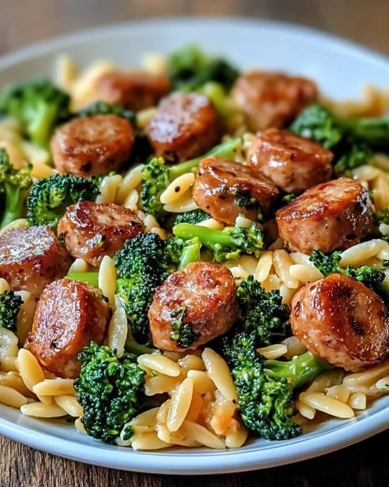 One-pan chicken sausage with broccoli and orzo dish served on a plate.
