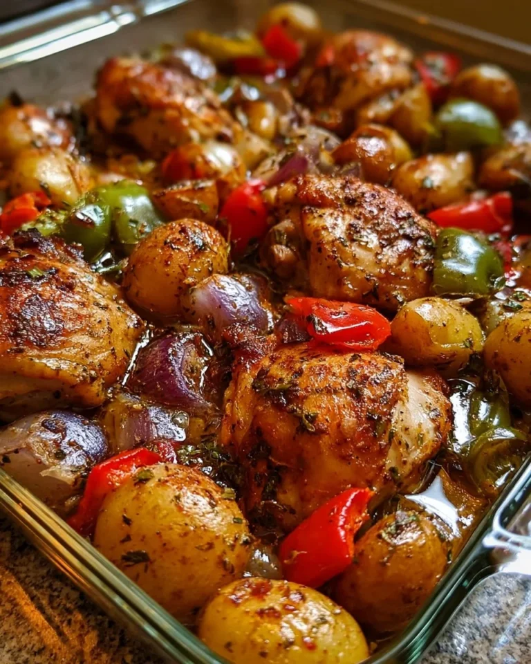 Oven-baked chicken with potatoes and peppers served on a plate