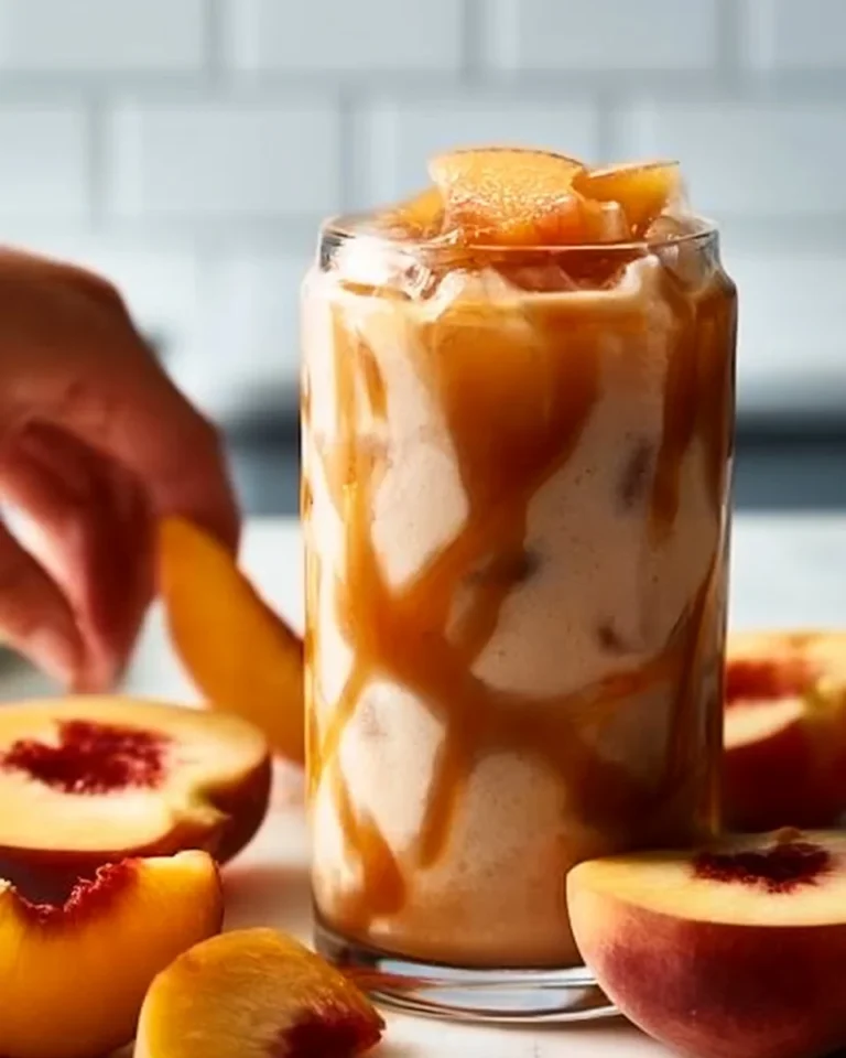 Refreshing Peach Cobbler Chai Latte topped with whipped cream and peach slices