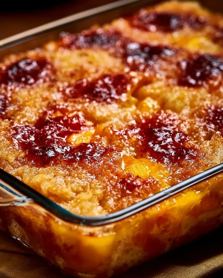 Delicious Peach Cobbler Dump Cake topped with whipped cream