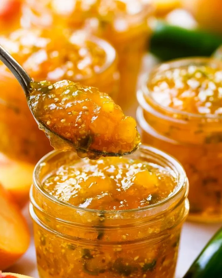 Homemade Peach Jalapeno Jam in a jar with fresh peaches and jalapenos