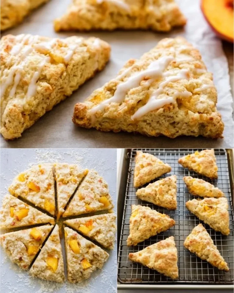 Freshly baked peach scones on a wooden table
