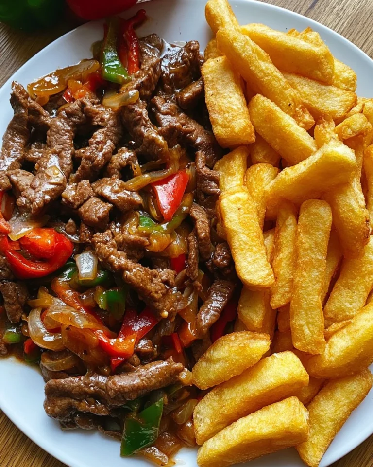Delicious pepper steak stir-fry served with crispy French fries