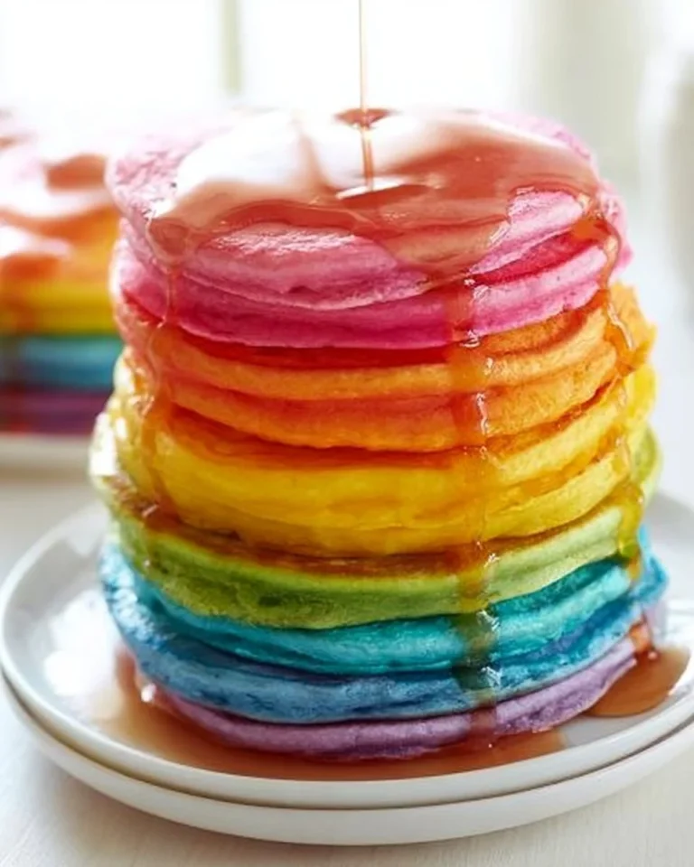 Stack of colorful rainbow pancakes with syrup and berries