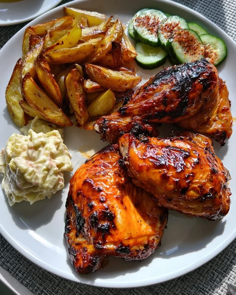 Plate of peri-peri chicken served with crispy potato wedges