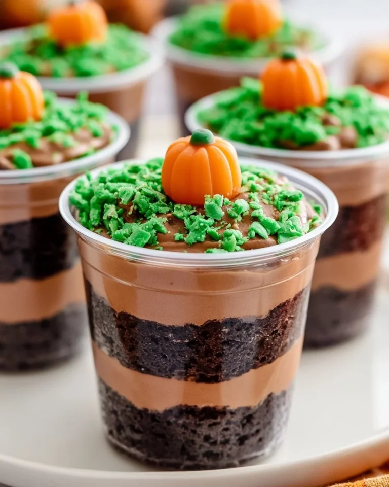 Delicious Pumpkin Dirt Cups dessert with layers of pumpkin, dirt, and gummy worms