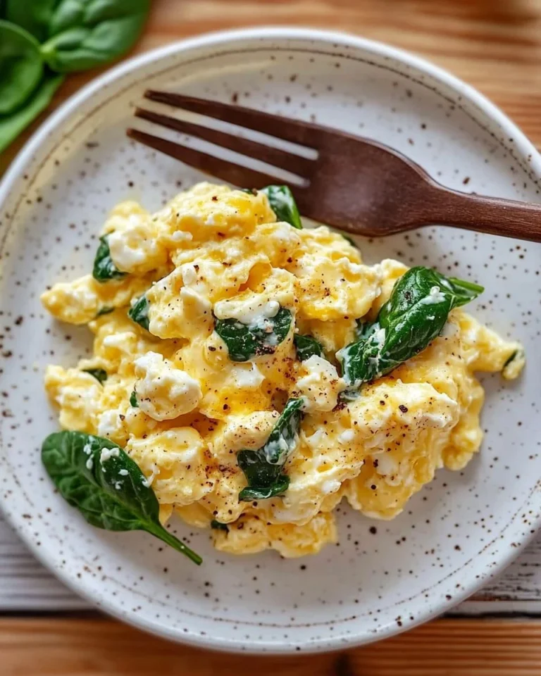 Scrambled eggs with cottage cheese and fresh spinach in a bowl